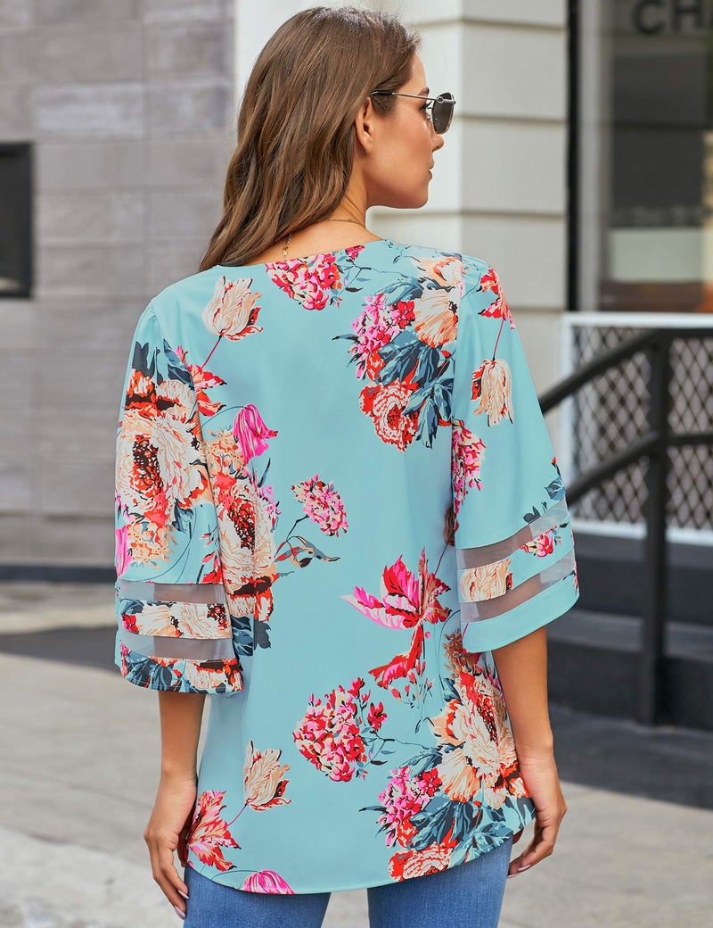 LookbookStore Women Blue Floral Print Tops for Women V Neck Casual Mesh Panel Blouse 3/4 Bell Sleeve Loose Top Shirt Size XL(US 16-18) - Image 5